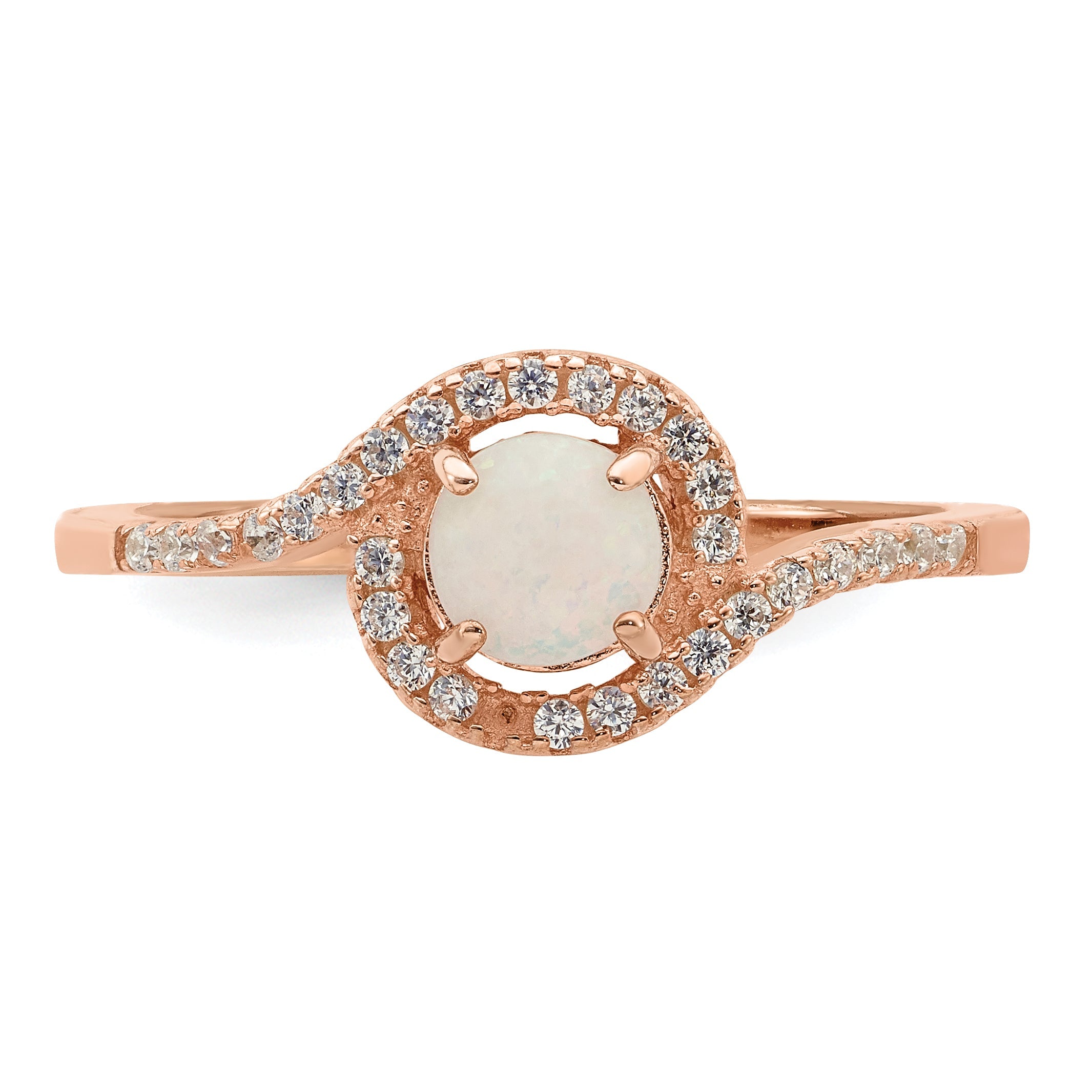 Sterling Silver Rose Tone Created Opal And Cz Halo Ring