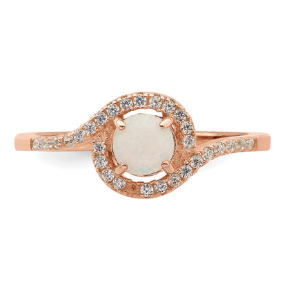 Sterling Silver Rose Tone Created Opal And Cz Halo Ring