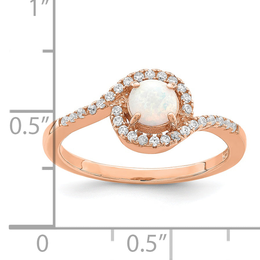 Sterling Silver Rose Tone Created Opal And Cz Halo Ring