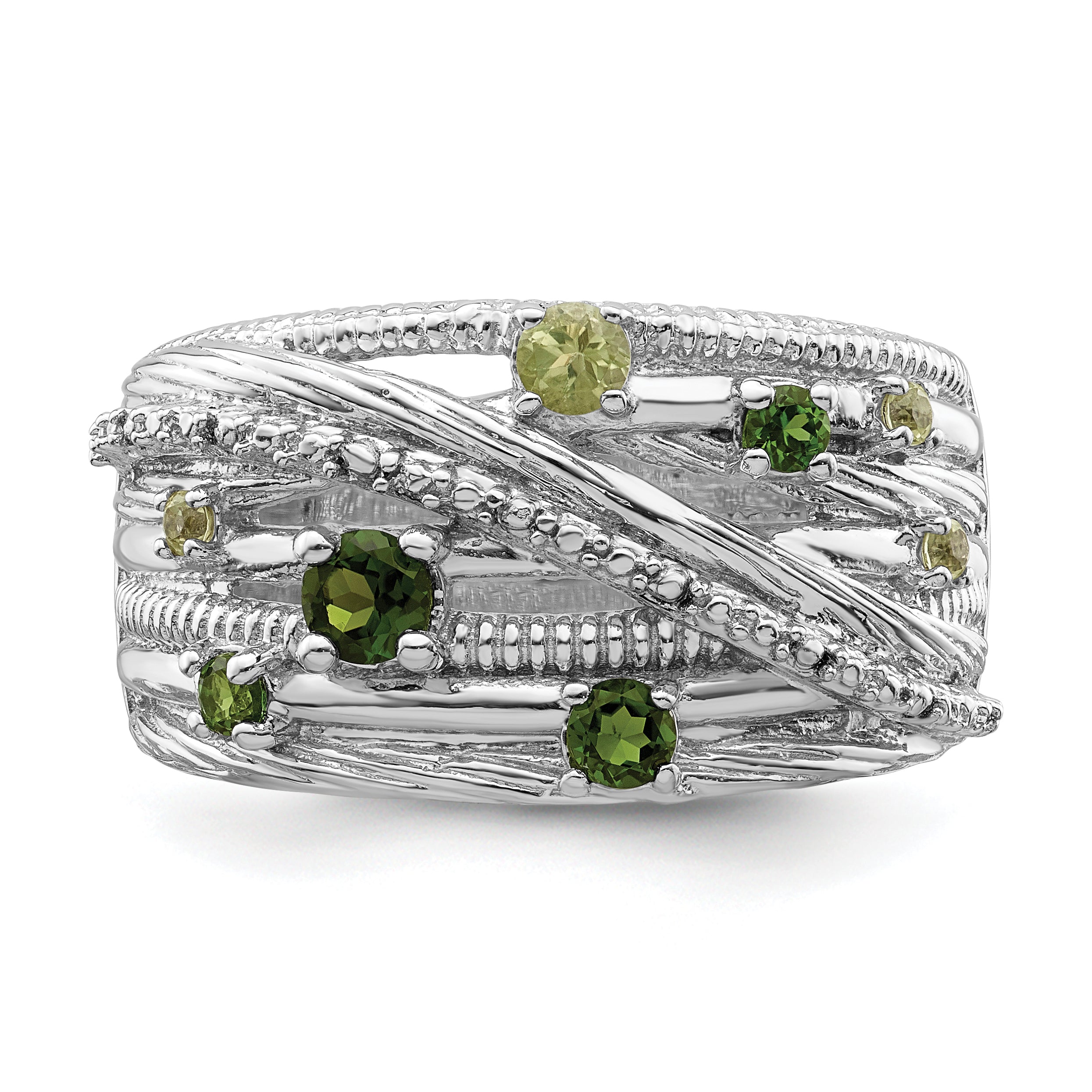 Sterling Silver Rhod Plat Chrome Diopside And Peridot Ring