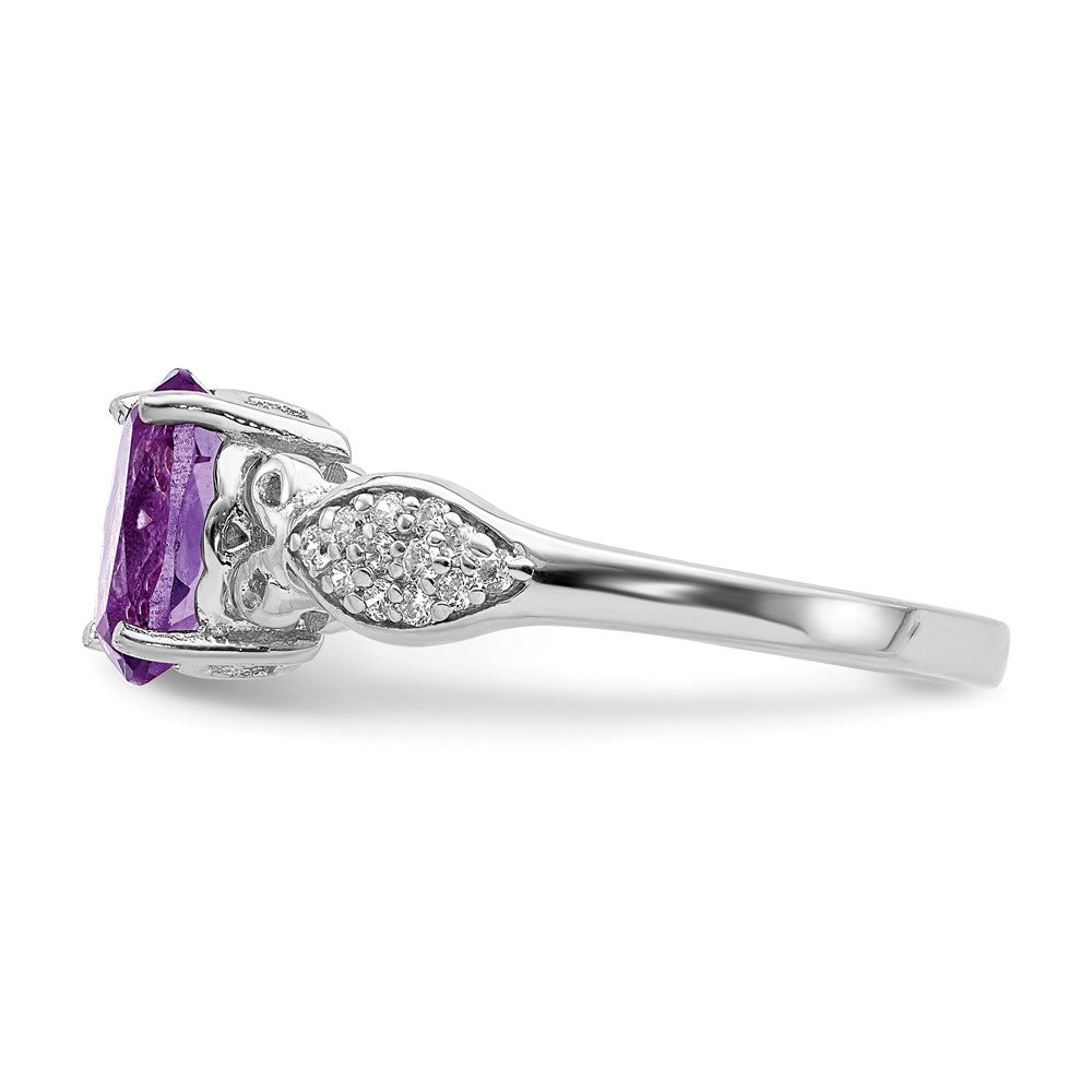 Sterling Silver Rhod Plated Polished Amethyst And White Cz Ring (Size 6 Only)