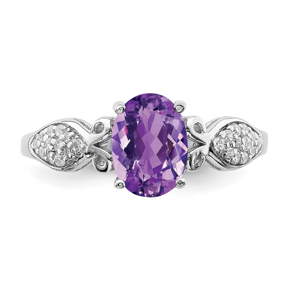 Sterling Silver Rhod Plated Polished Amethyst And White Cz Ring (Size 6 Only)