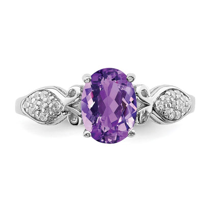 Sterling Silver Rhod Plated Polished Amethyst And White Cz Ring (Size 6 Only)