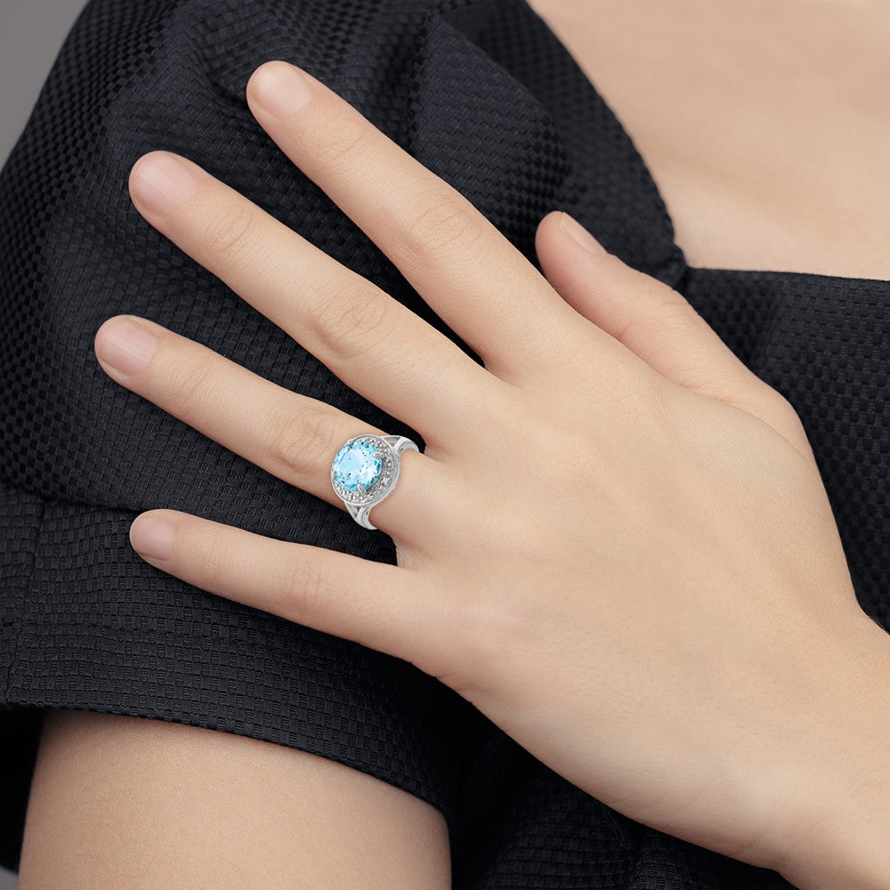 Sterling Silver Rhodium Plated 10mm Round Blue Topaz & Cz Ring