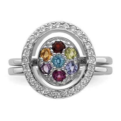 Sterling Silver Rhodium Plated Multi Gemstone Halo 2 Ring Set