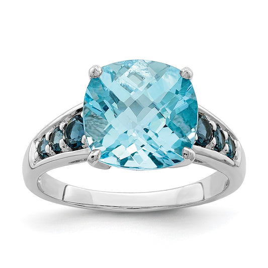 Sterling Silver Rhodium Plated Sky Blue Cushion & London Topaz Ring (Size 6 Only)