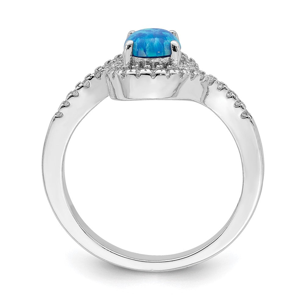 Sterling Silver Rhodium Plated Created Blue Opal /Cz Halo Ring