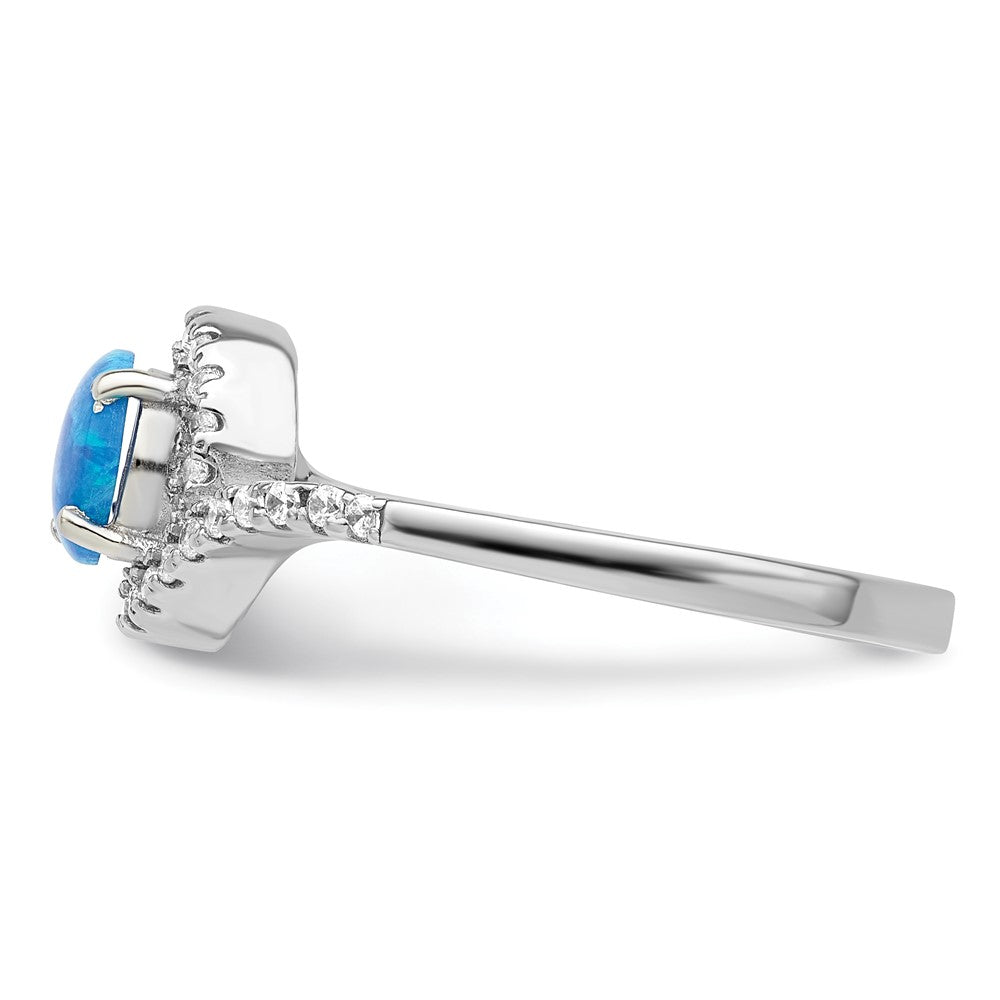 Sterling Silver Rhodium Plated Created Blue Opal /Cz Halo Ring