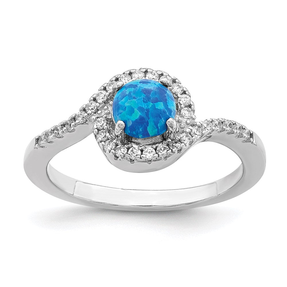 Sterling Silver Rhodium Plated Created Blue Opal /Cz Halo Ring