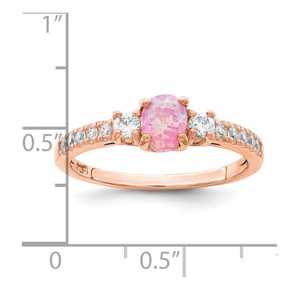 Sterling Silver Rose Tone Created Pink Opal And Cz Ring