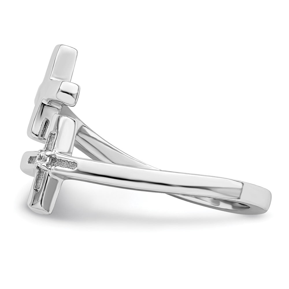 Sterling Silver Rhodium Plated Cz Double Cross Adjustable Ring