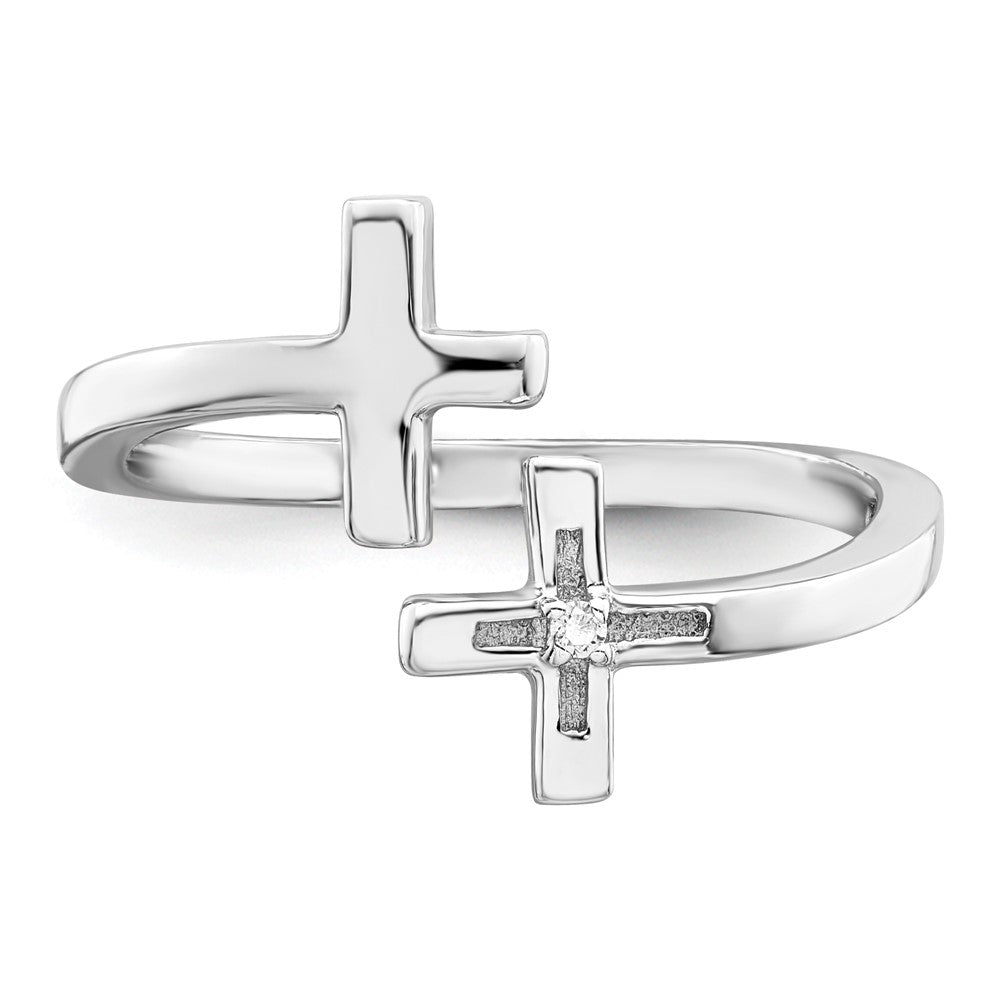 Sterling Silver Rhodium Plated Cz Double Cross Adjustable Ring