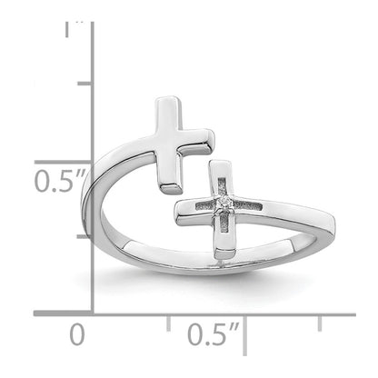 Sterling Silver Rhodium Plated Cz Double Cross Adjustable Ring