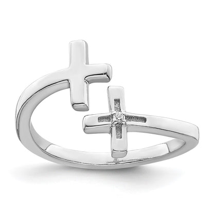 Sterling Silver Rhodium Plated Cz Double Cross Adjustable Ring