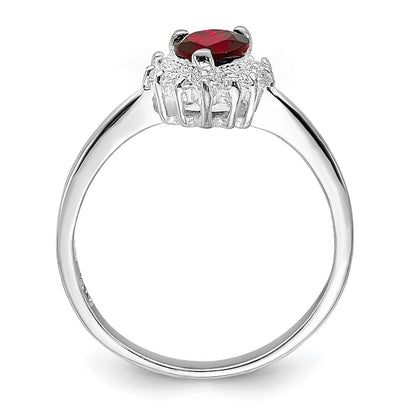 Sterling Silver Rhodium Plated Garnet & Cz Heart Ring