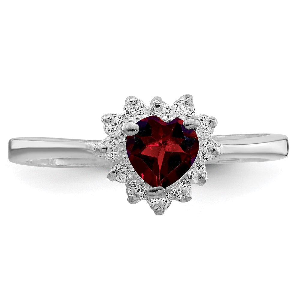 Sterling Silver Rhodium Plated Garnet & Cz Heart Ring