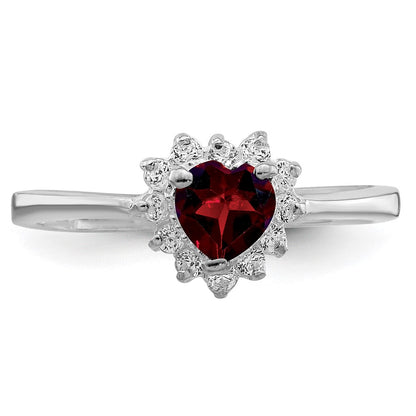 Sterling Silver Rhodium Plated Garnet & Cz Heart Ring