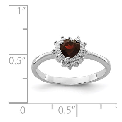 Sterling Silver Rhodium Plated Garnet & Cz Heart Ring
