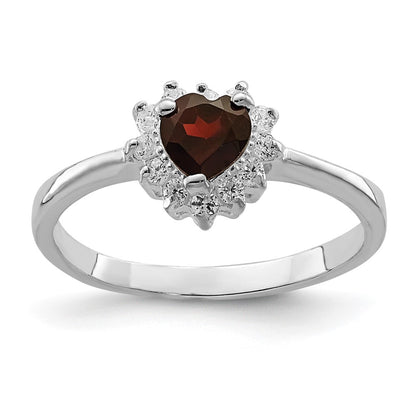 Sterling Silver Rhodium Plated Garnet & Cz Heart Ring