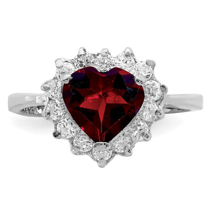 Sterling Silver Rhodium Plated Garnet & Cz Ring