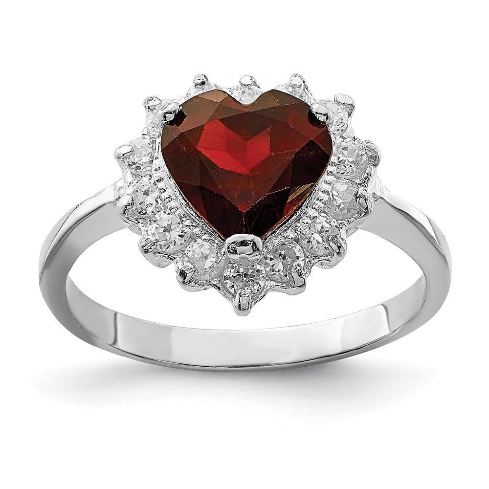 Sterling Silver Rhodium Plated Garnet & Cz Ring