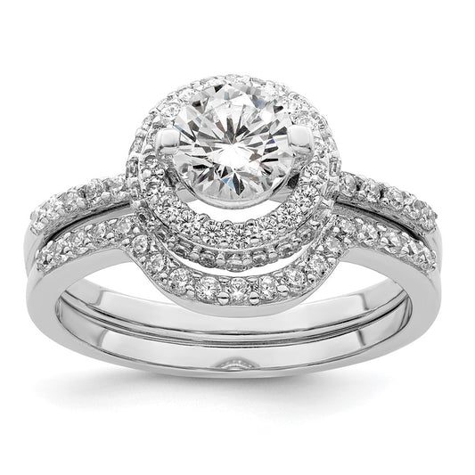 Sterling Silver Rhodium Plated Cz Halo Engagement Ring & Band Set