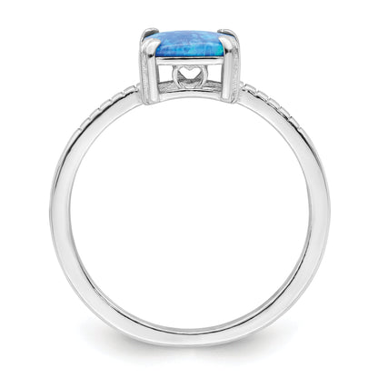 Sterling Silver Rhodium Plated Polished Square Blue Created Opal Ring