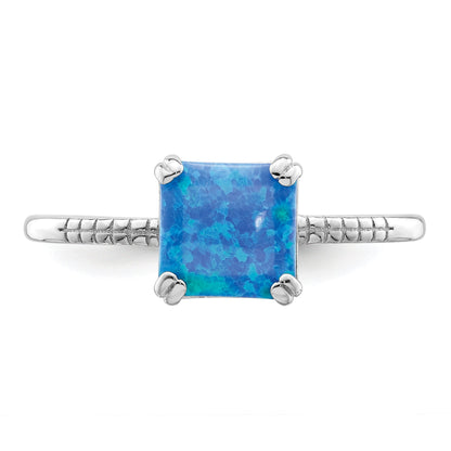 Sterling Silver Rhodium Plated Polished Square Blue Created Opal Ring