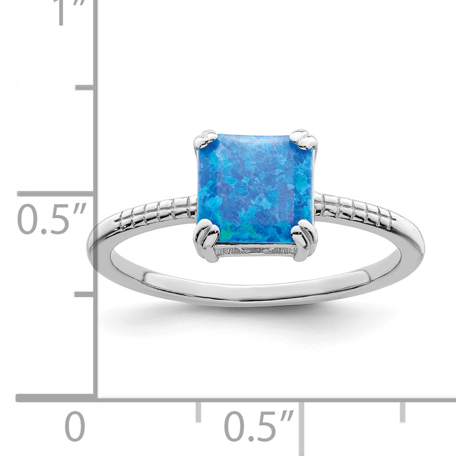 Sterling Silver Rhodium Plated Polished Square Blue Created Opal Ring