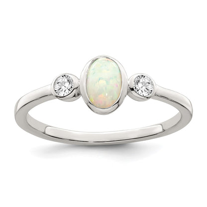 Sterling Silver Polished Cz And White Created Opal Ring