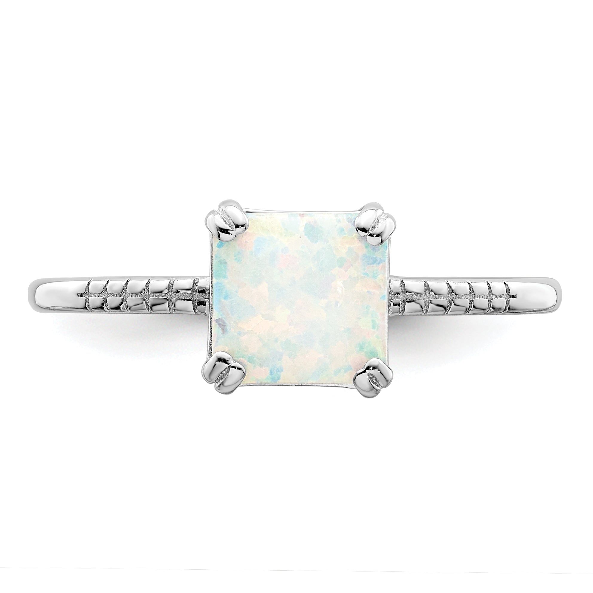 Sterling Silver Rhodium Plated Polished Square White Created Opal Ring