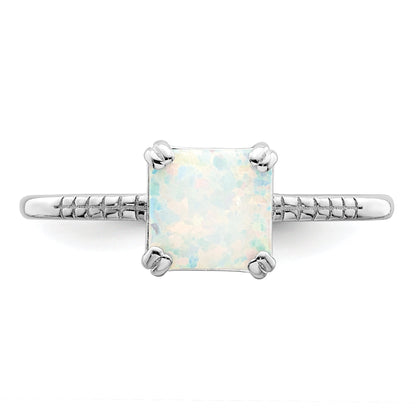 Sterling Silver Rhodium Plated Polished Square White Created Opal Ring
