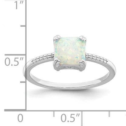 Sterling Silver Rhodium Plated Polished Square White Created Opal Ring
