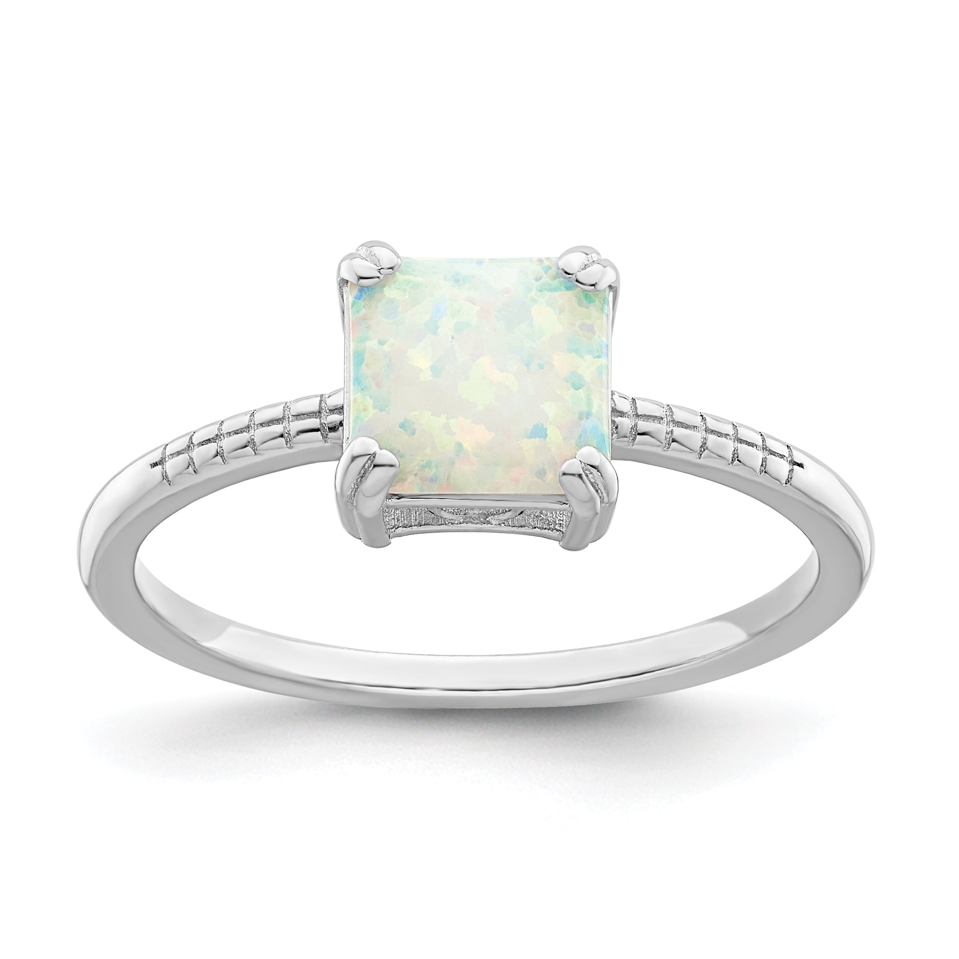 Sterling Silver Rhodium Plated Polished Square White Created Opal Ring
