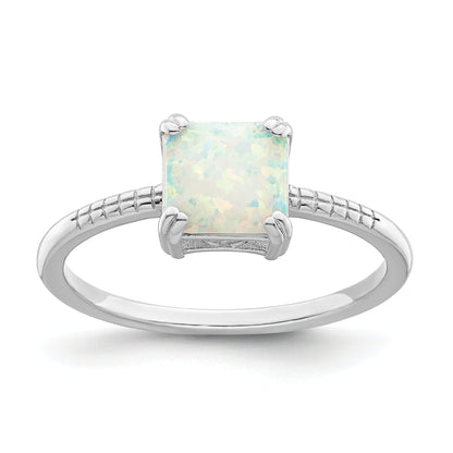 Sterling Silver Rhodium Plated Polished Square White Created Opal Ring