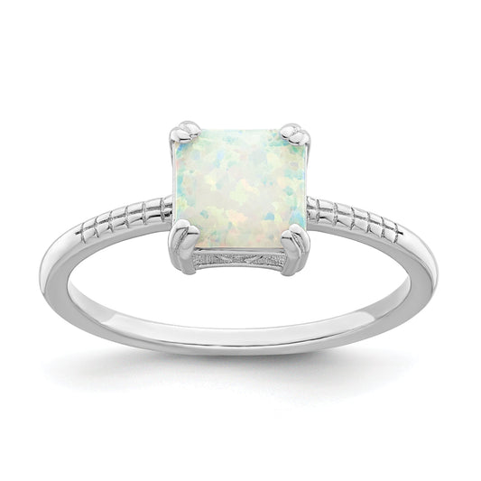 Sterling Silver Rhodium Plated Polished Square White Created Opal Ring