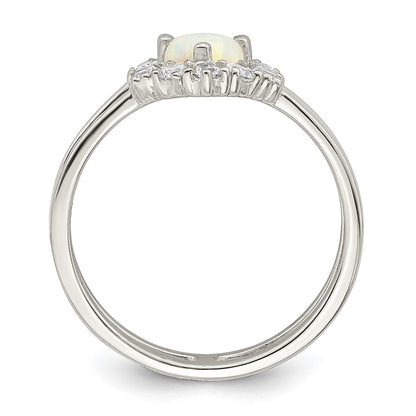 Sterling Silver Cz & Heart Created White Opal Double Band Ring