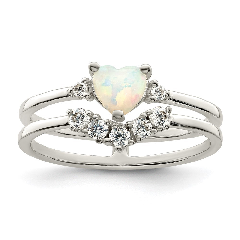 Sterling Silver Cz & Heart Created White Opal Double Band Ring