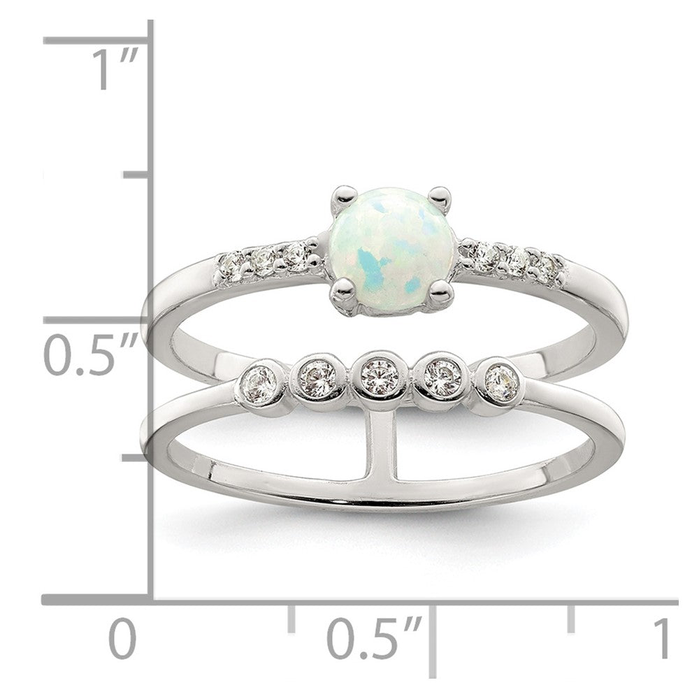Sterling Silver Cz And Created White Opal Double Band Ring (Size 7 Only)