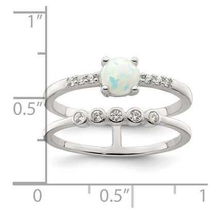 Sterling Silver Cz And Created White Opal Double Band Ring (Size 7 Only)