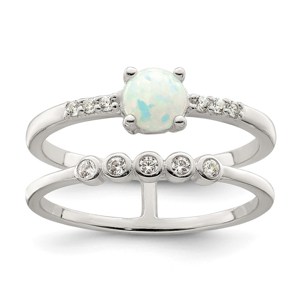 Sterling Silver Cz And Created White Opal Double Band Ring (Size 7 Only)