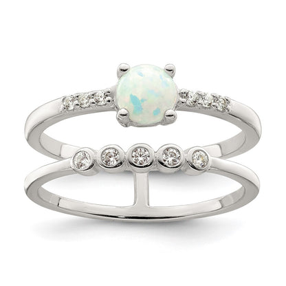 Sterling Silver Cz And Created White Opal Double Band Ring (Size 7 Only)