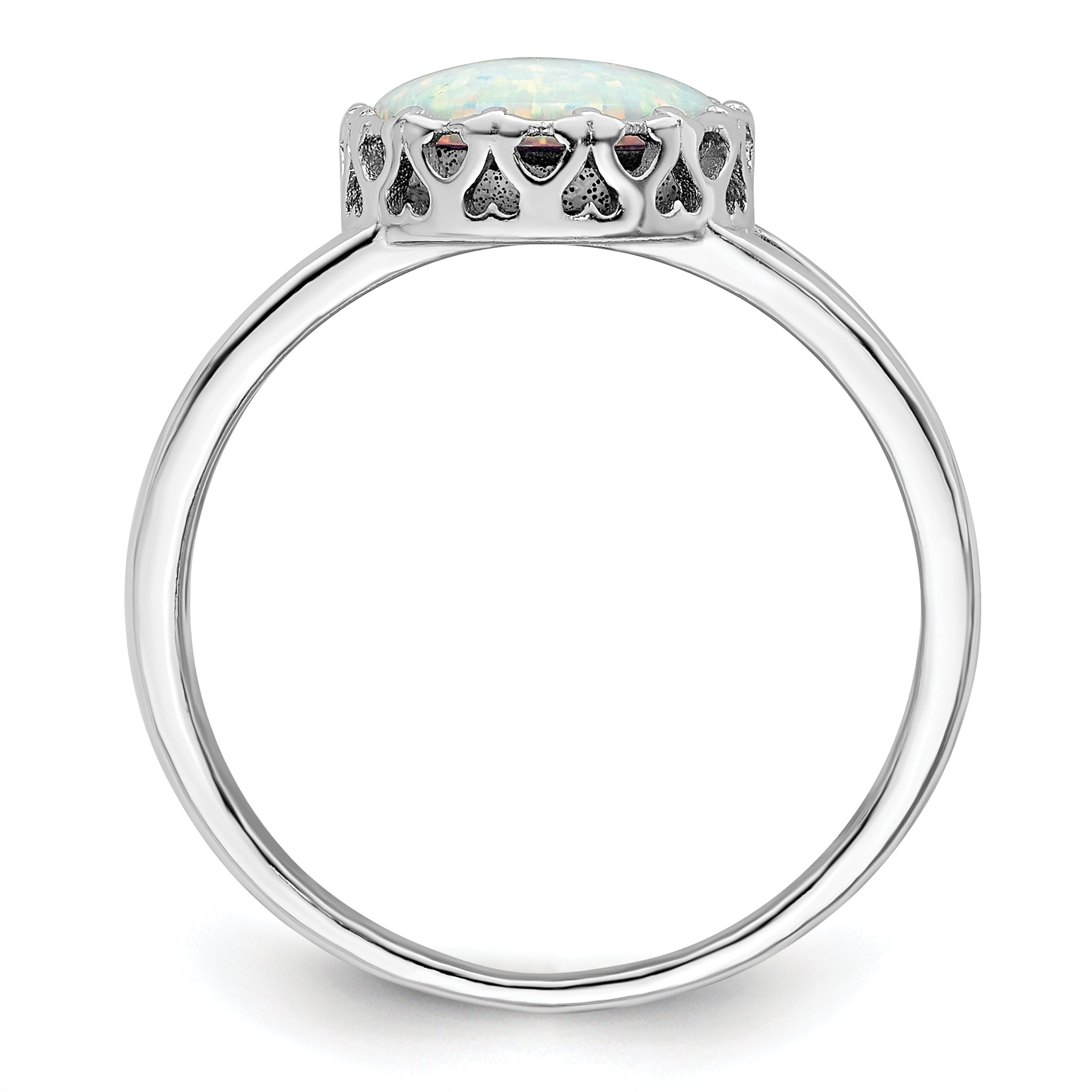 Sterling Silver Rhodium Plated Round White Created Opal Inlay Ring