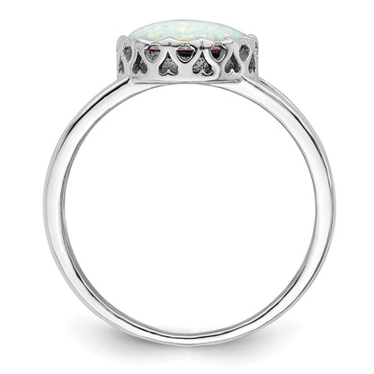 Sterling Silver Rhodium Plated Round White Created Opal Inlay Ring