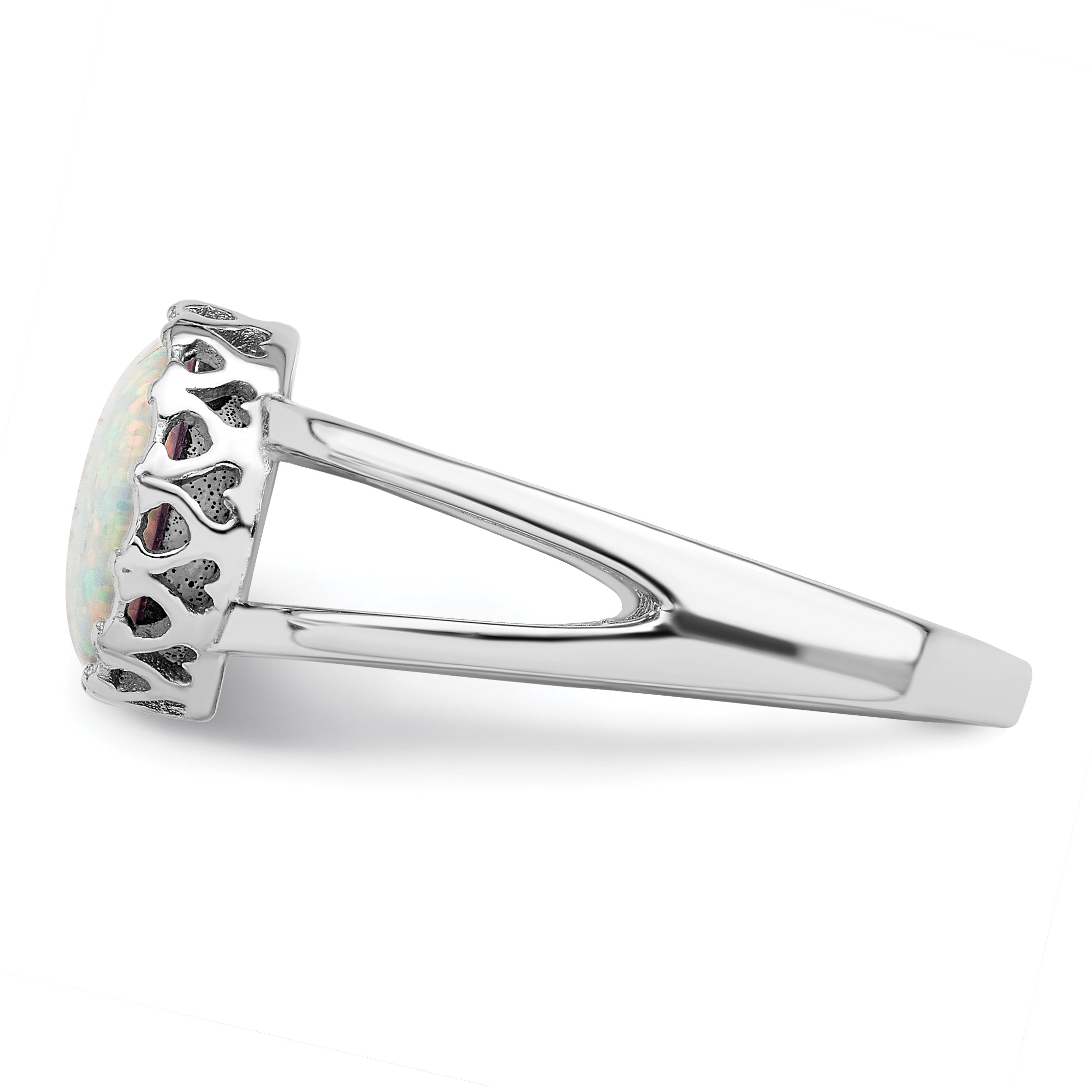 Sterling Silver Rhodium Plated Round White Created Opal Inlay Ring