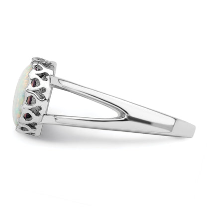 Sterling Silver Rhodium Plated Round White Created Opal Inlay Ring