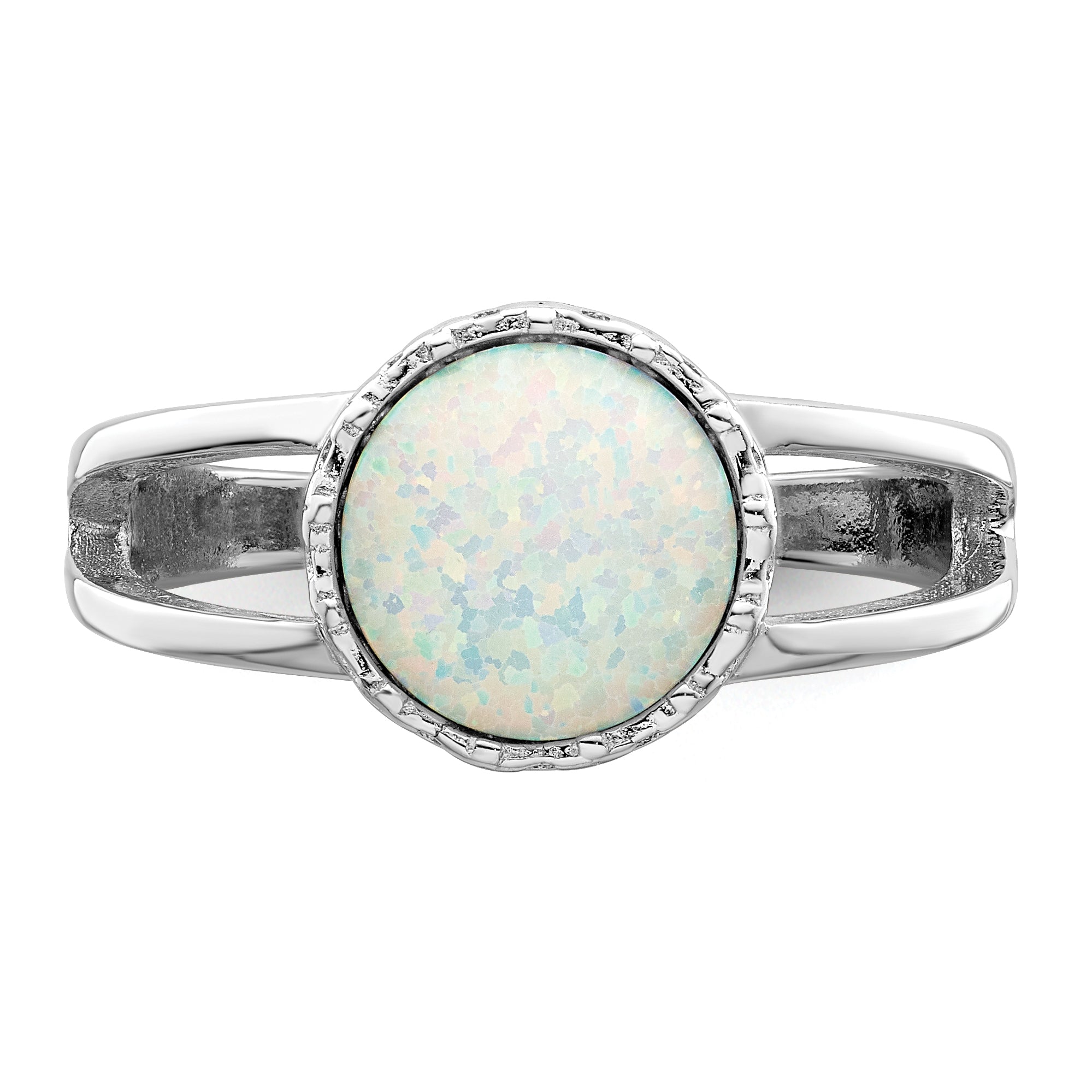 Sterling Silver Rhodium Plated Round White Created Opal Inlay Ring