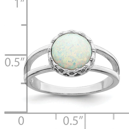 Sterling Silver Rhodium Plated Round White Created Opal Inlay Ring