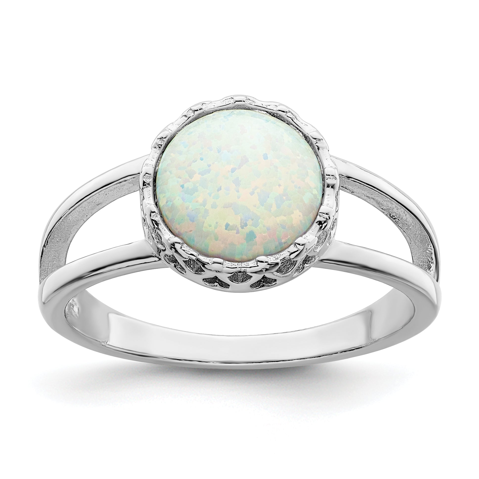 Sterling Silver Rhodium Plated Round White Created Opal Inlay Ring