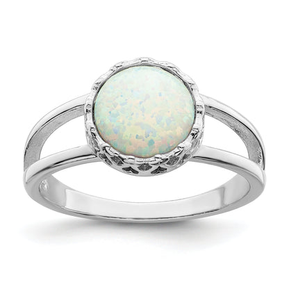 Sterling Silver Rhodium Plated Round White Created Opal Inlay Ring